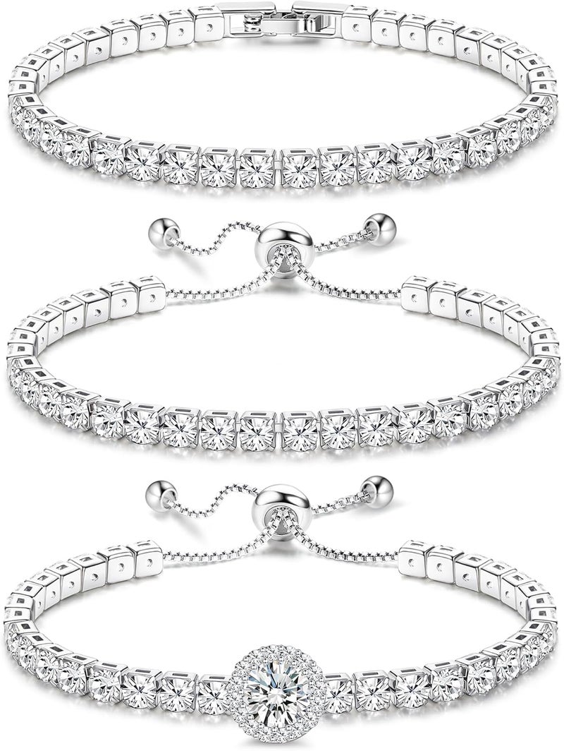 Yadoca Tennis Bracelets For Women - Silver Plated Bracelet Stack Cubic Zirconia CZ Diamond Adjustable Stackable Bracelets Set For Prom Wedding Jewelry Gift 3Pcs - Image 1